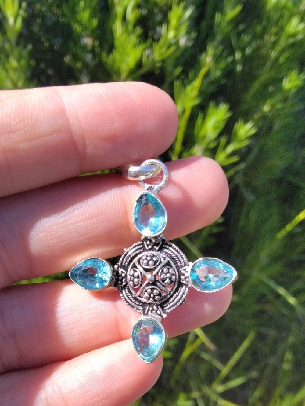 Blue Topaz Cross Silver Plated Gemstone Necklace Pendant